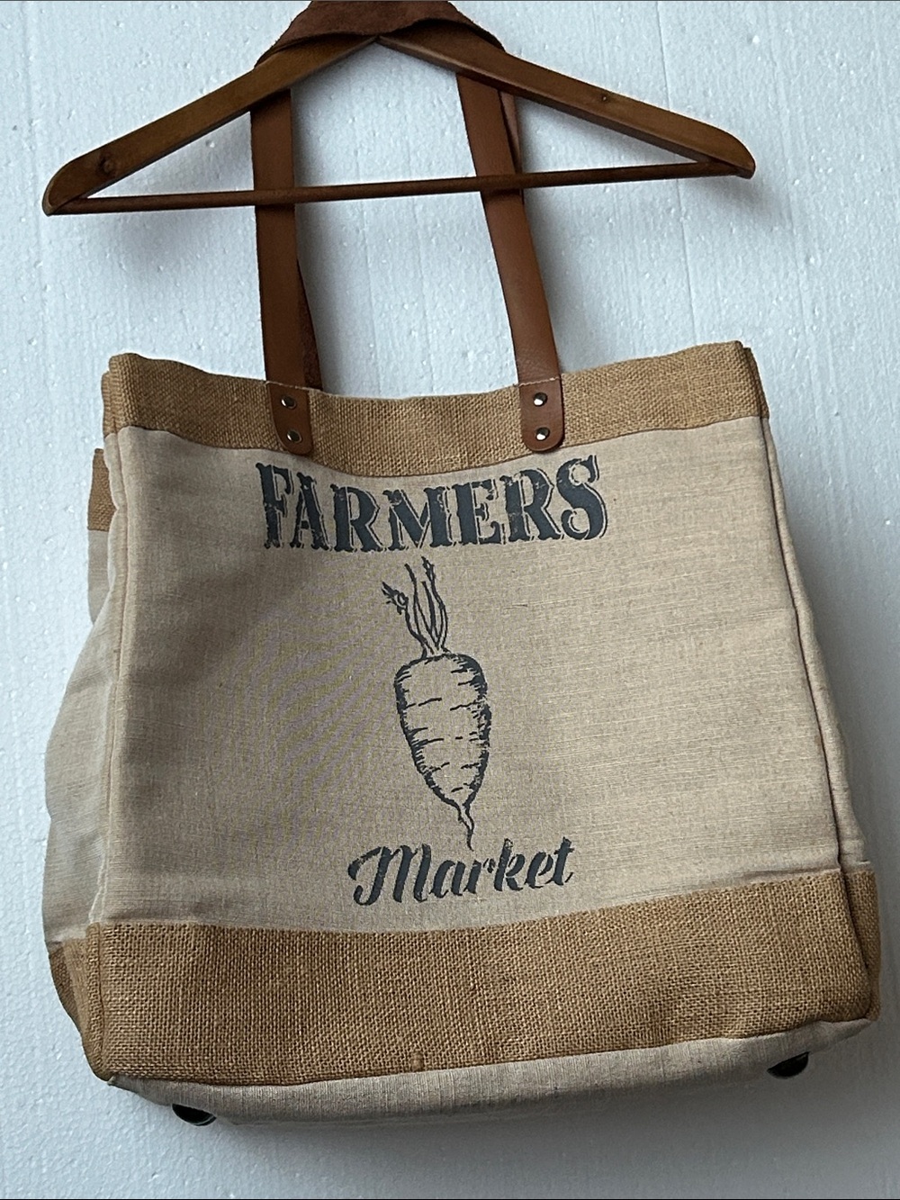 Rustic Farmers Market Burlap/Canvas Tote Bag Leather Straps. Has Dividers Inside